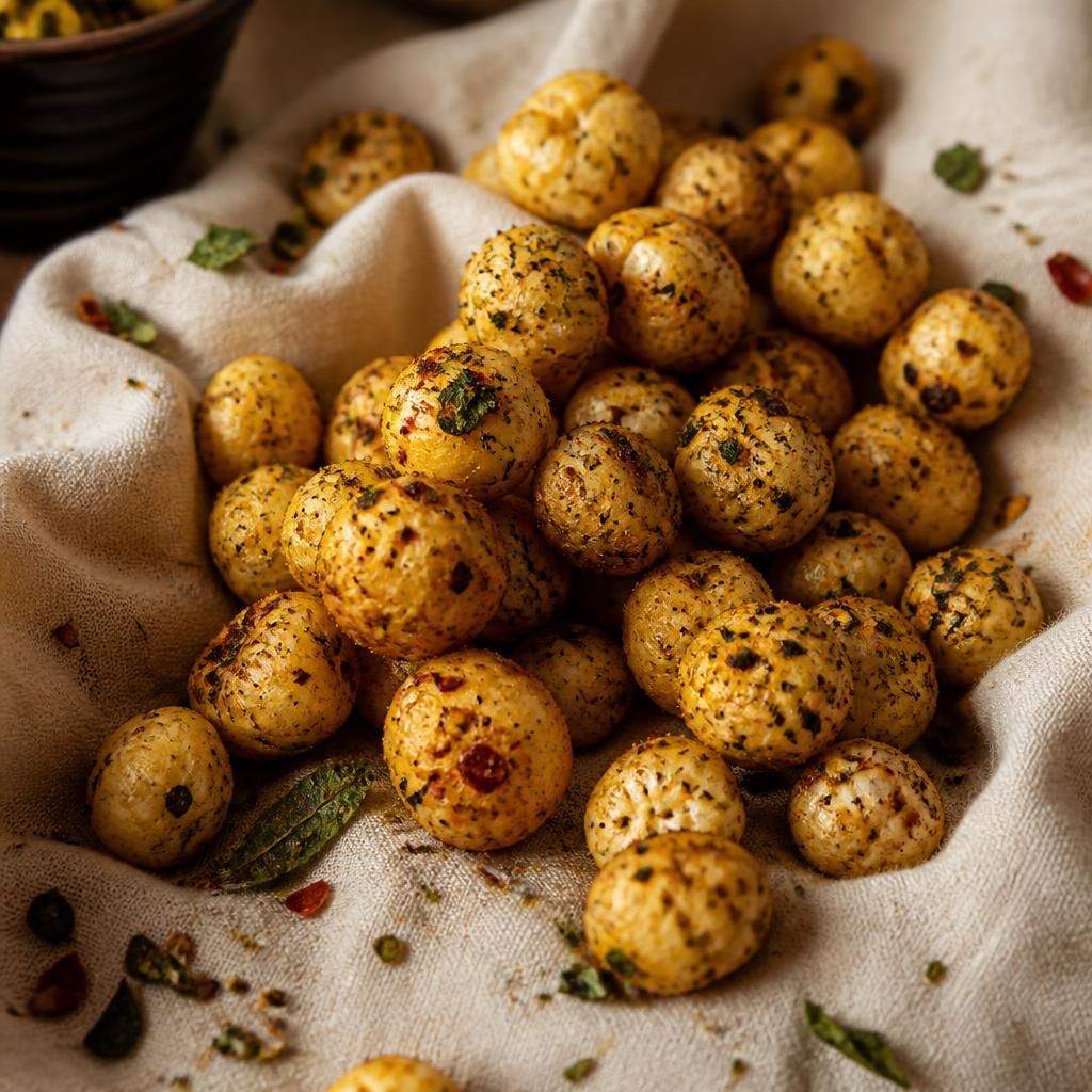 Spice-tossed roasted makhana on linen with chilli and mint