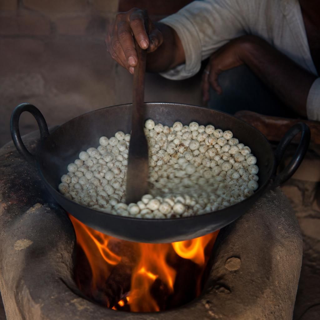 Makhana slow-roasted in a small iron kadhai over open flames