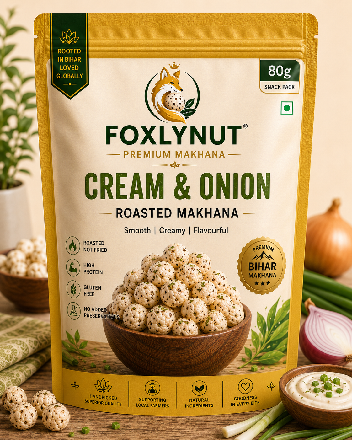 FOXLYNUT Cream & Onion Roasted Makhana 80g